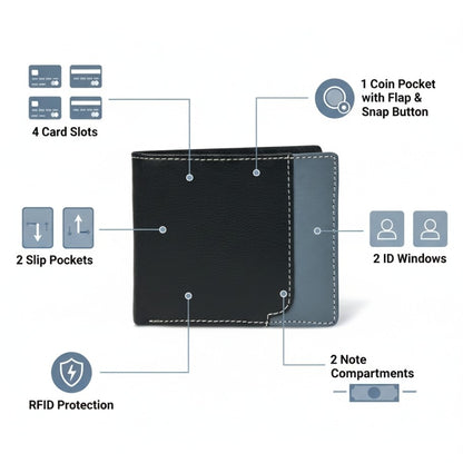 Rovian Mens Full Grain Leather Wallet Infographics Black + Grey