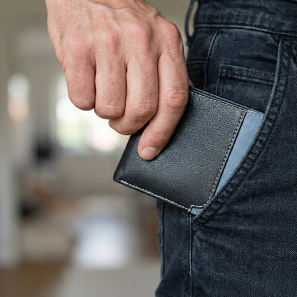 Rovian Mens Full Grain Leather Wallet in Pocket Black + Grey