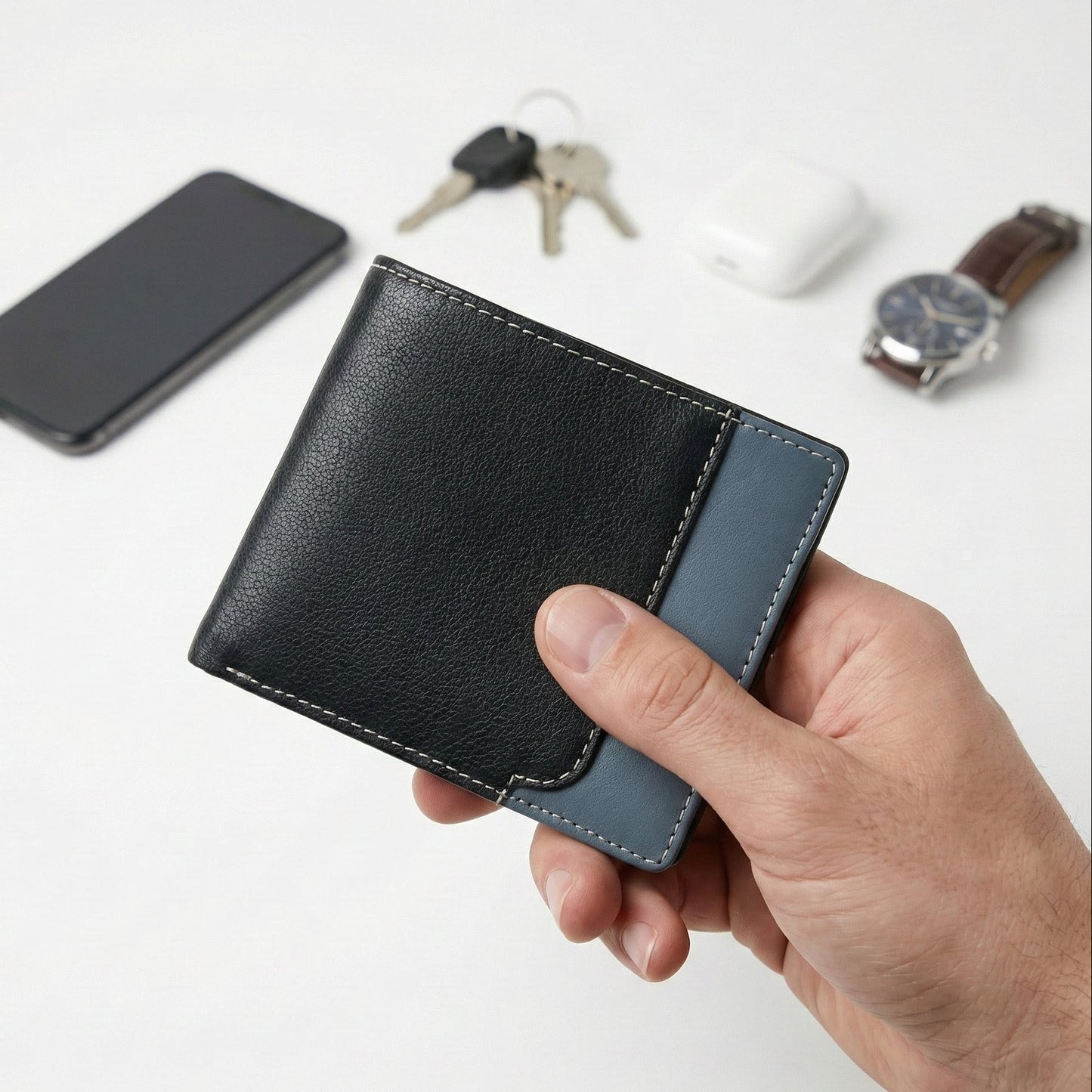 Rovian Mens Full Grain Leather Wallet in Hand Black + Grey