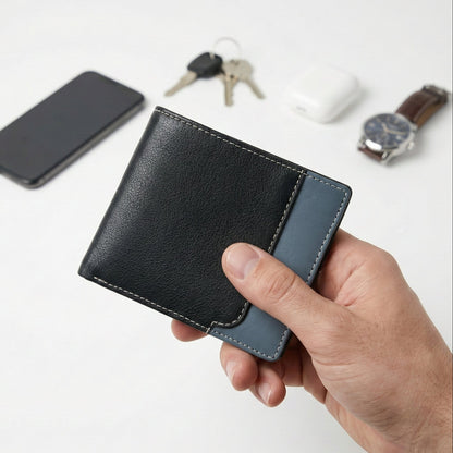 Rovian Mens Full Grain Leather Wallet in Hand Black + Grey