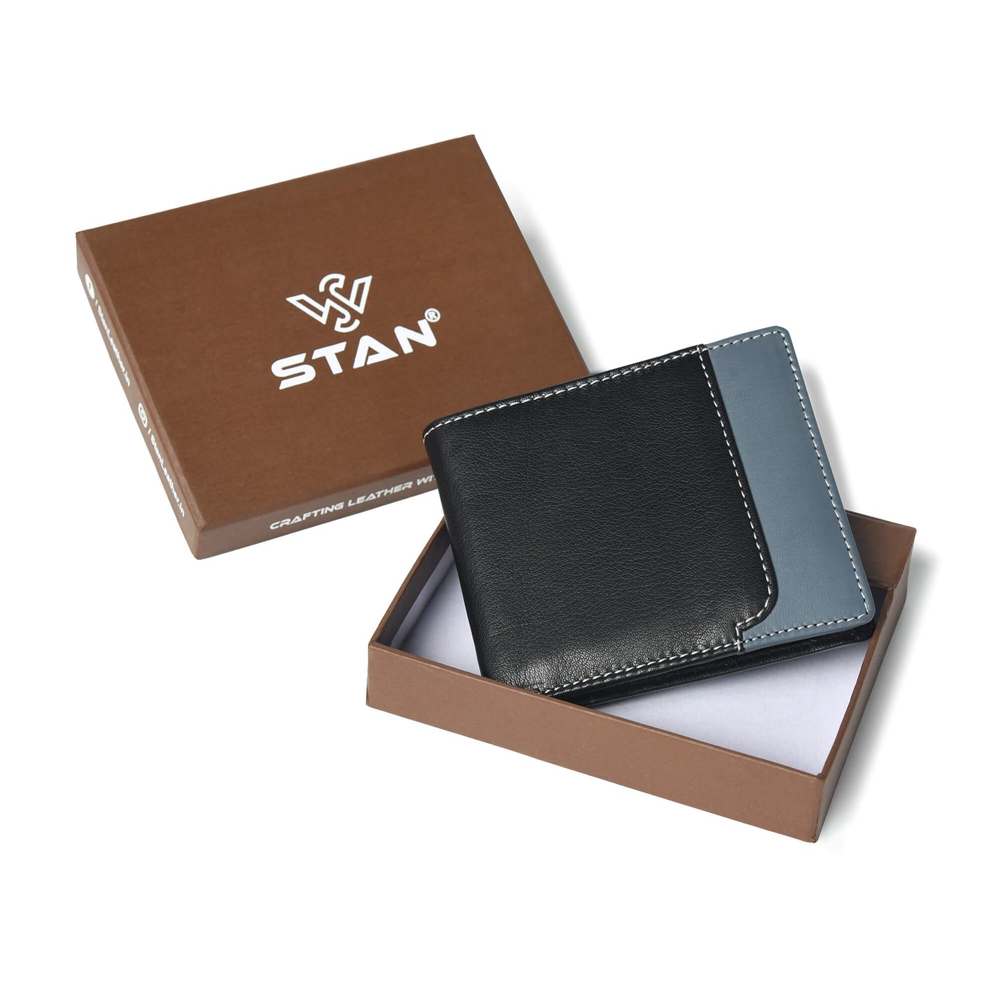 Rovian Mens Full Grain Leather Wallet in Box Black + Grey