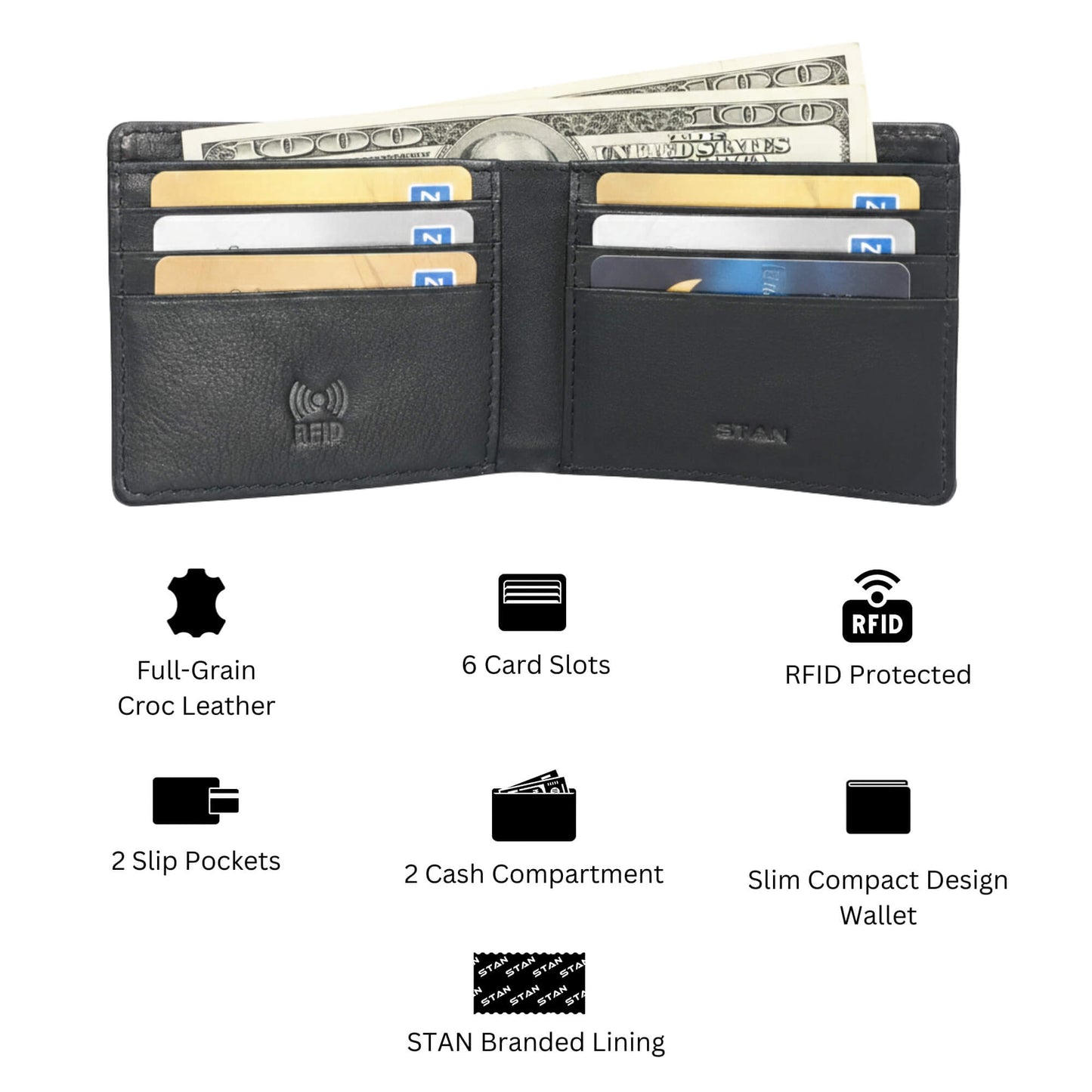 STAN Croc Baron Elite RFID Leather Mens Wallet Infographics Black