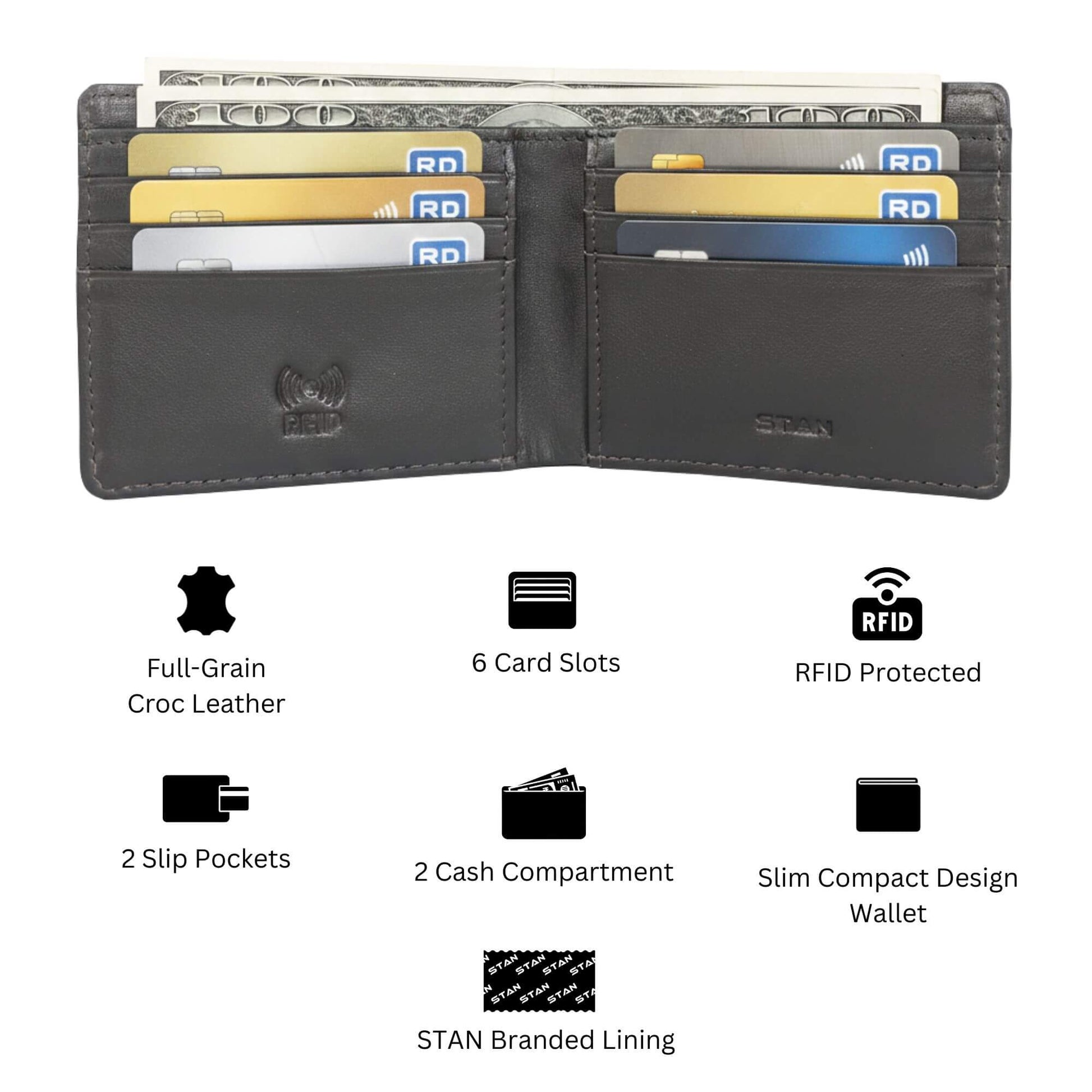STAN Croc Baron Elite RFID Leather Mens Wallet Infographics Mahogany Brown