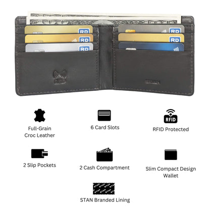 STAN Croc Baron Elite RFID Leather Mens Wallet Infographics Mahogany Brown
