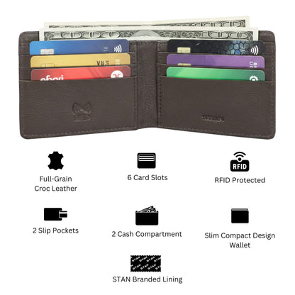 STAN Croc Baron Elite RFID Leather Mens Wallet Infographics Tan
