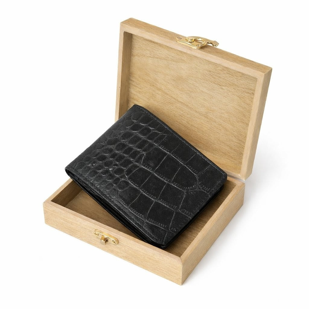 STAN Croc Baron Elite RFID Leather Mens Wallet in Wooden Box Black