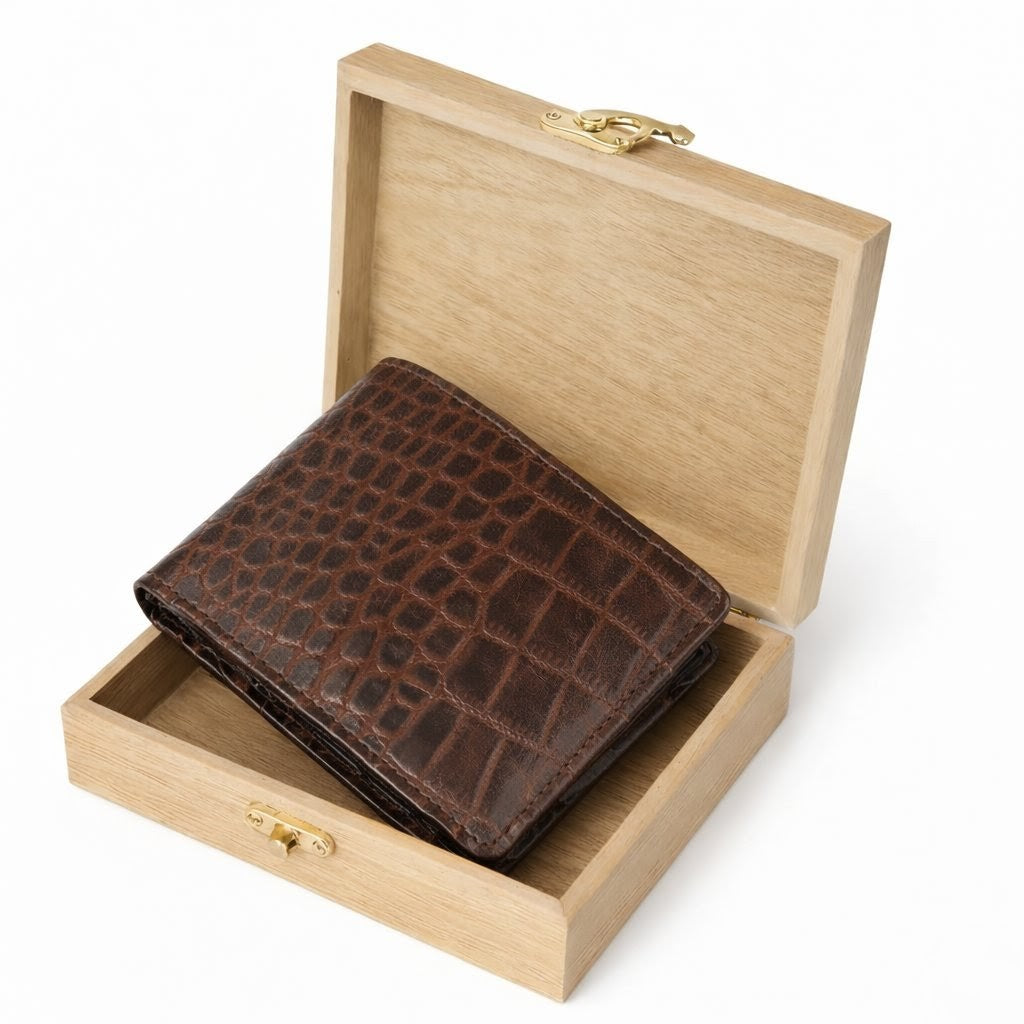 STAN Croc Baron Elite RFID Leather Mens Wallet in Wooden Box Mahogany Brown
