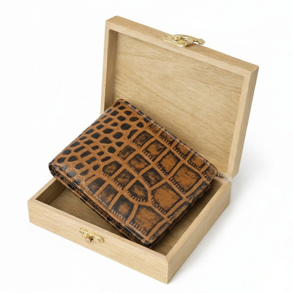 STAN Croc Baron Elite RFID Leather Mens Wallet in Wooden Box Tan