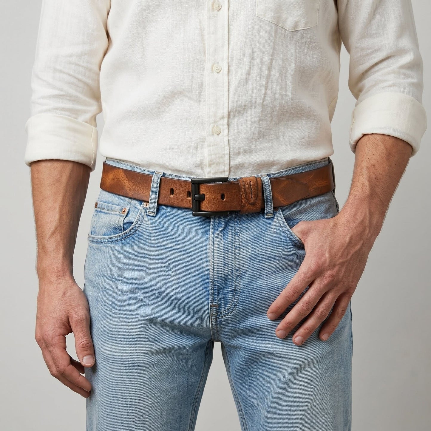 STAN Hammer Elite Mens Full Grain Leather Belt Model Wear Saddle Tan