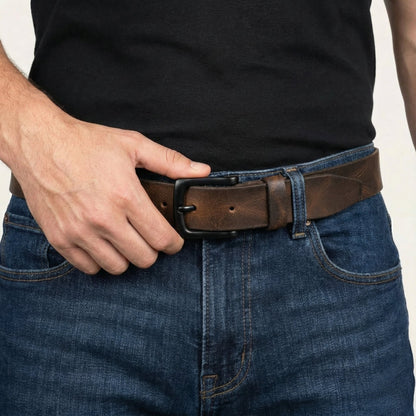 STAN Hammer Mens Full Grain Leather Belt Closeup Model Ironwood Brown
