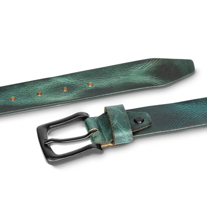 STAN Hammer Mens Full Grain Leather Belt Flatlayed Forest Green