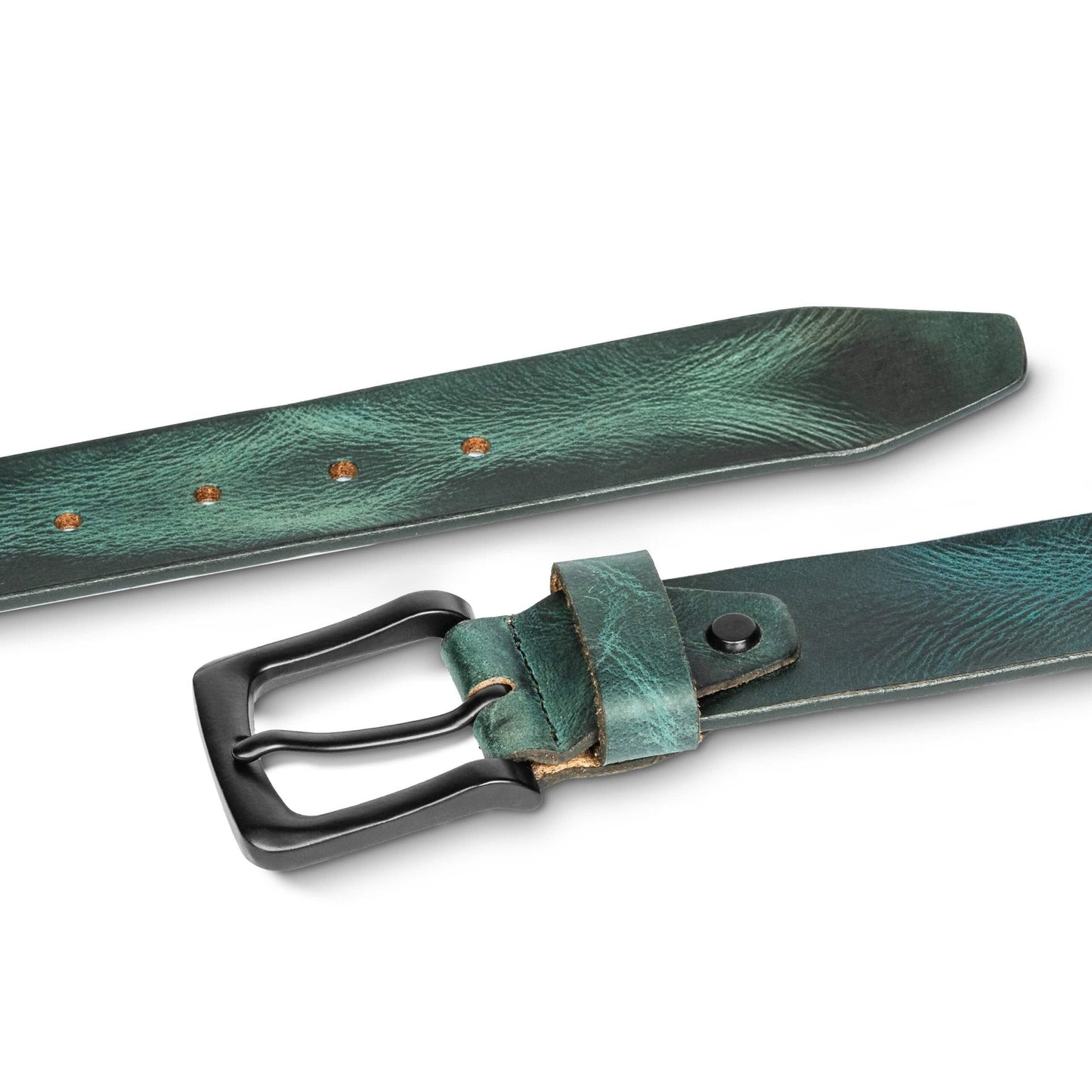 STAN Hammer Mens Full Grain Leather Belt Flatlayed Teal Blue