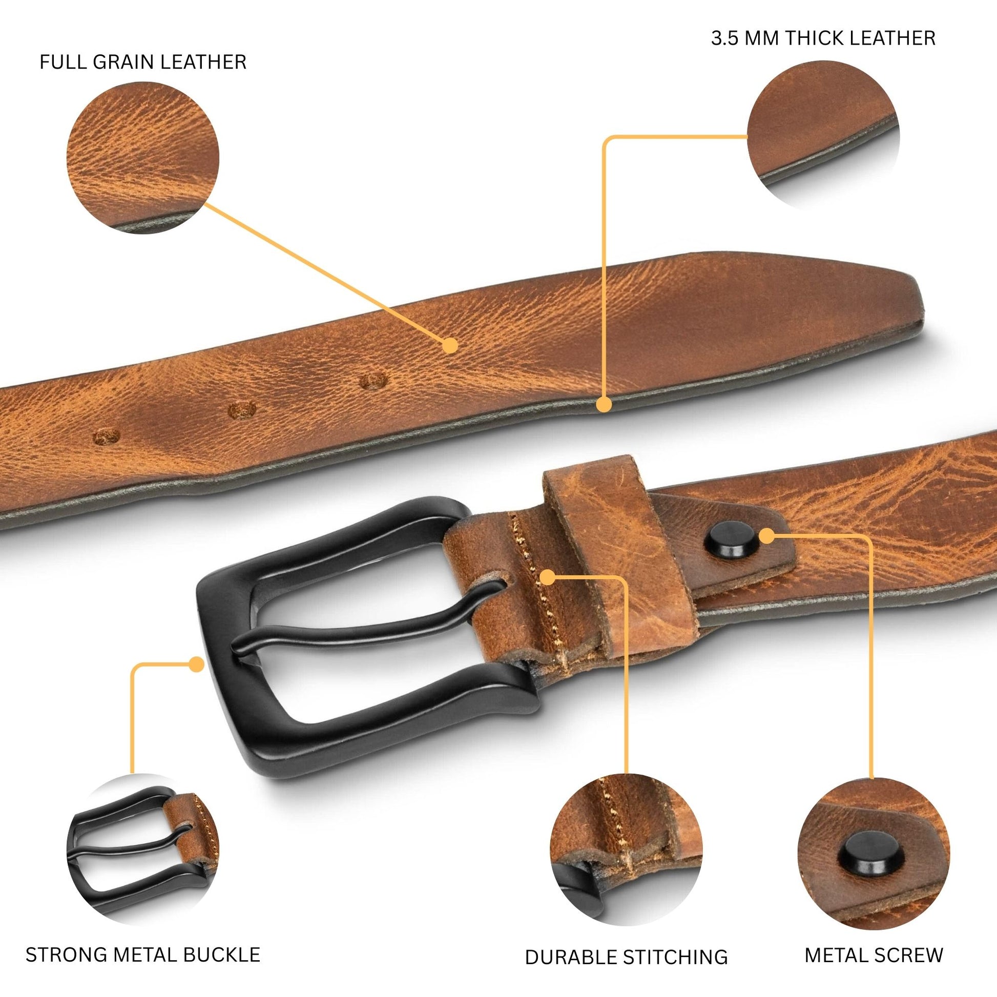 STAN Hammer Mens Full Grain Leather Belt Infographics Chestnut Brown
