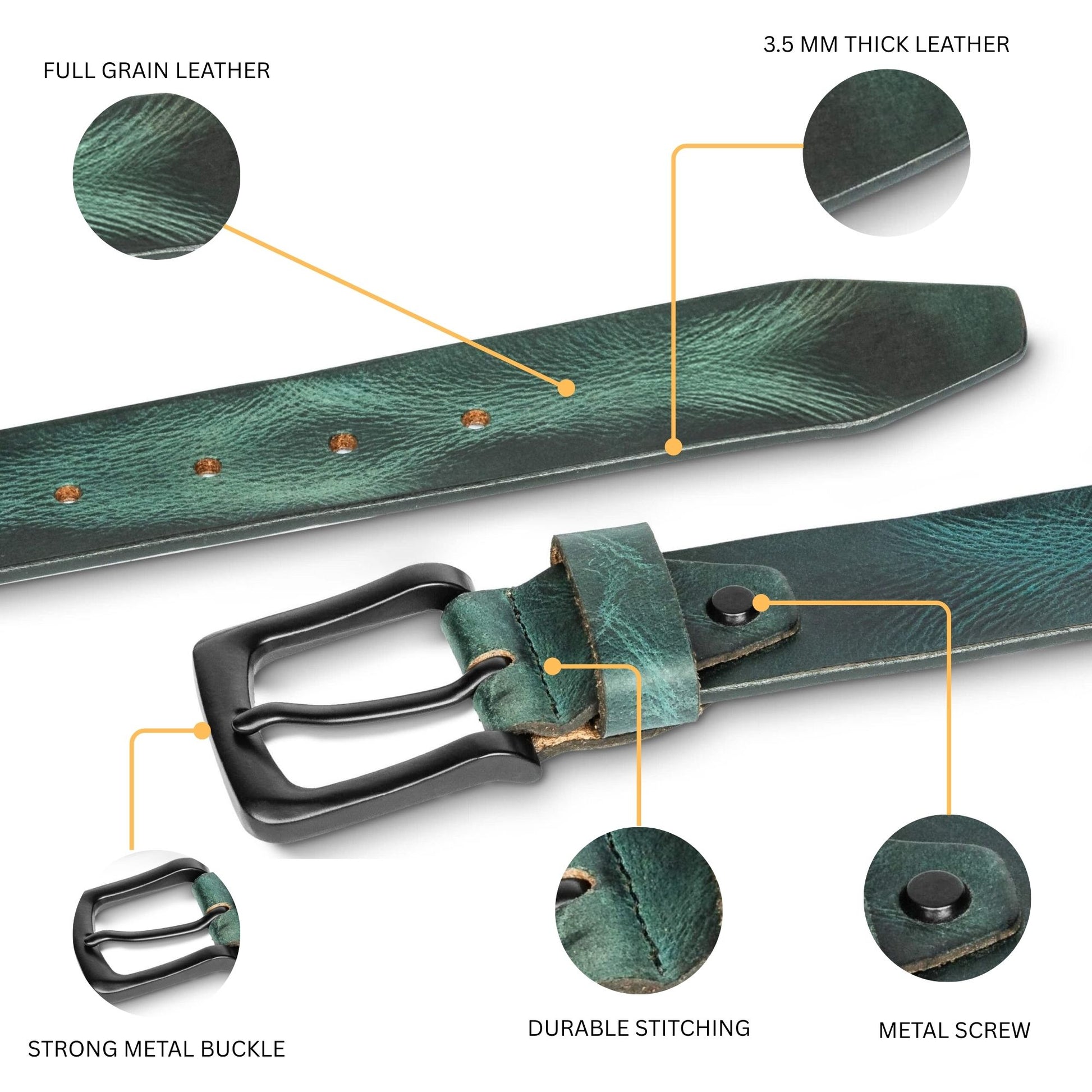 STAN Hammer Mens Full Grain Leather Belt Infographics Forest Green