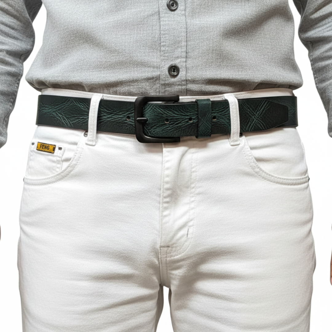 STAN Hammer Mens Full Grain Leather Belt Model Closeup Forest Green