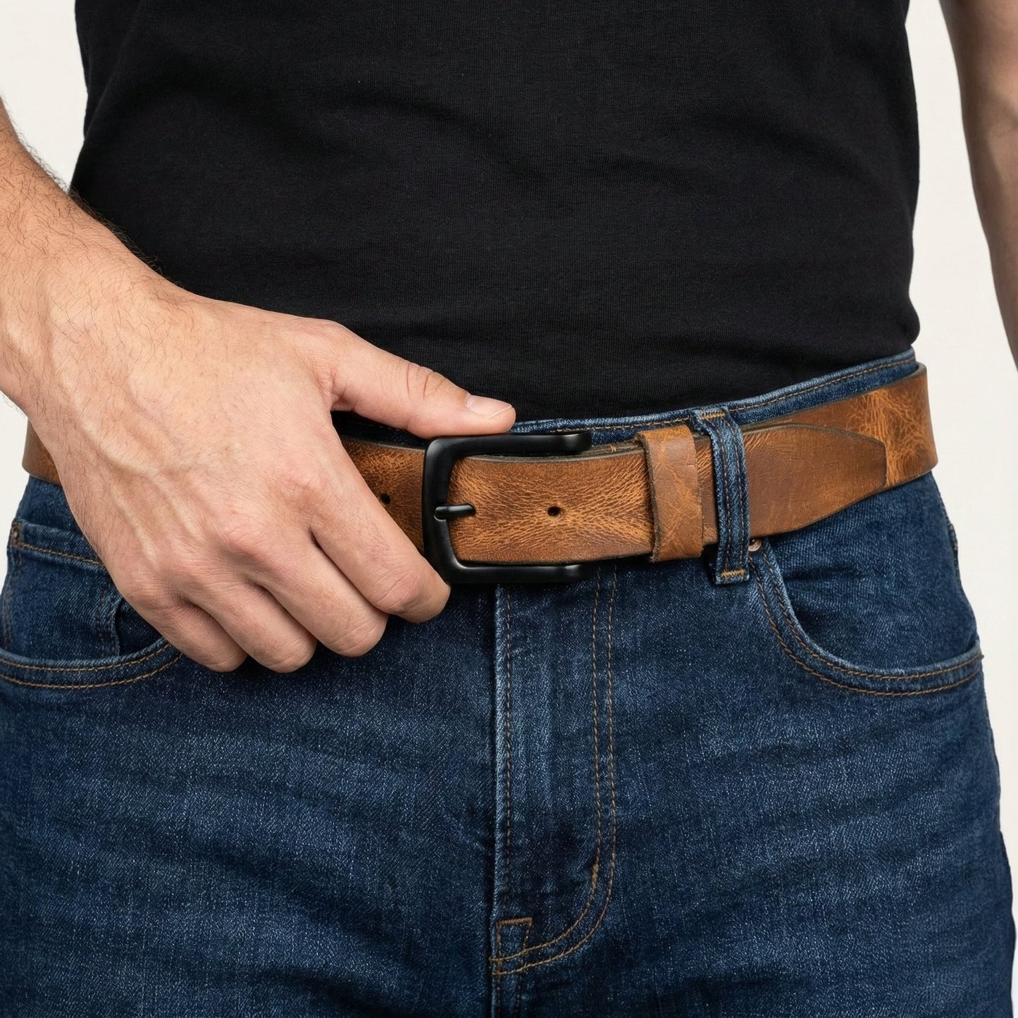 STAN Hammer Mens Full Grain Leather Belt Model Closeup Saddle Tan