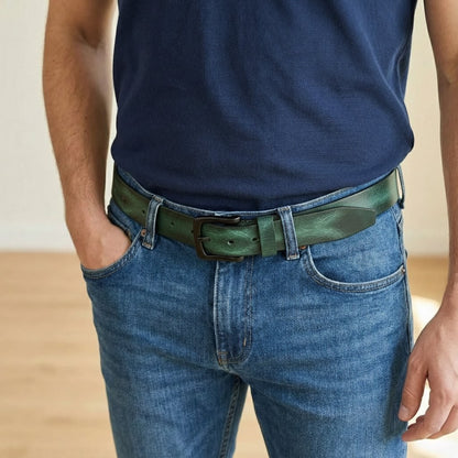 STAN Hammer Mens Full Grain Leather Belt Model Sideview Forest Green