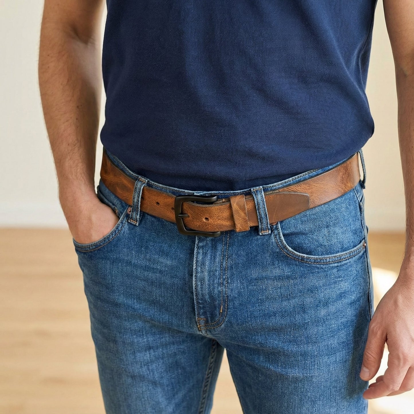 STAN Hammer Mens Full Grain Leather Belt Model Sideview Saddle Tan
