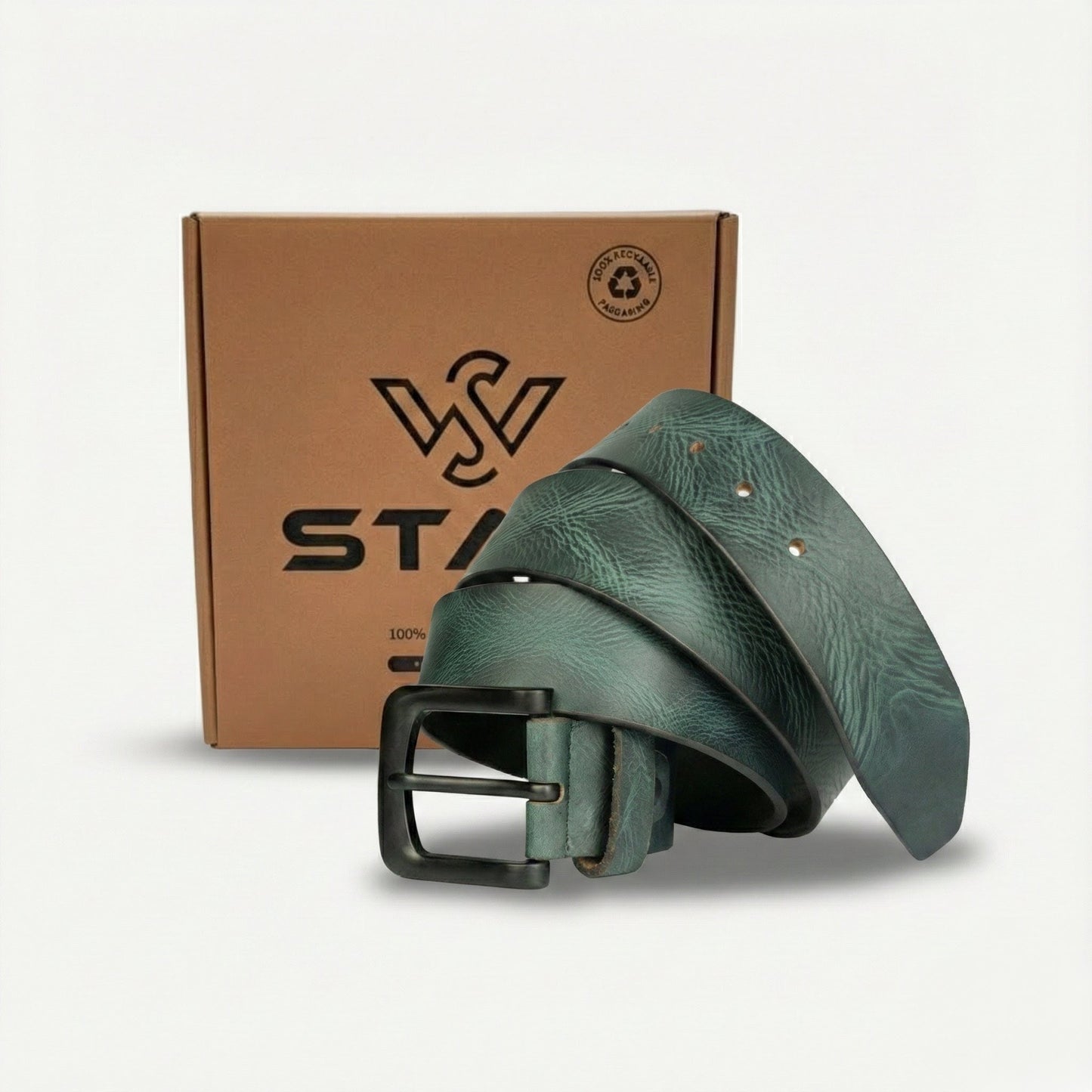 STAN Hammer Mens Full Grain Leather Belt With Box Forest Green