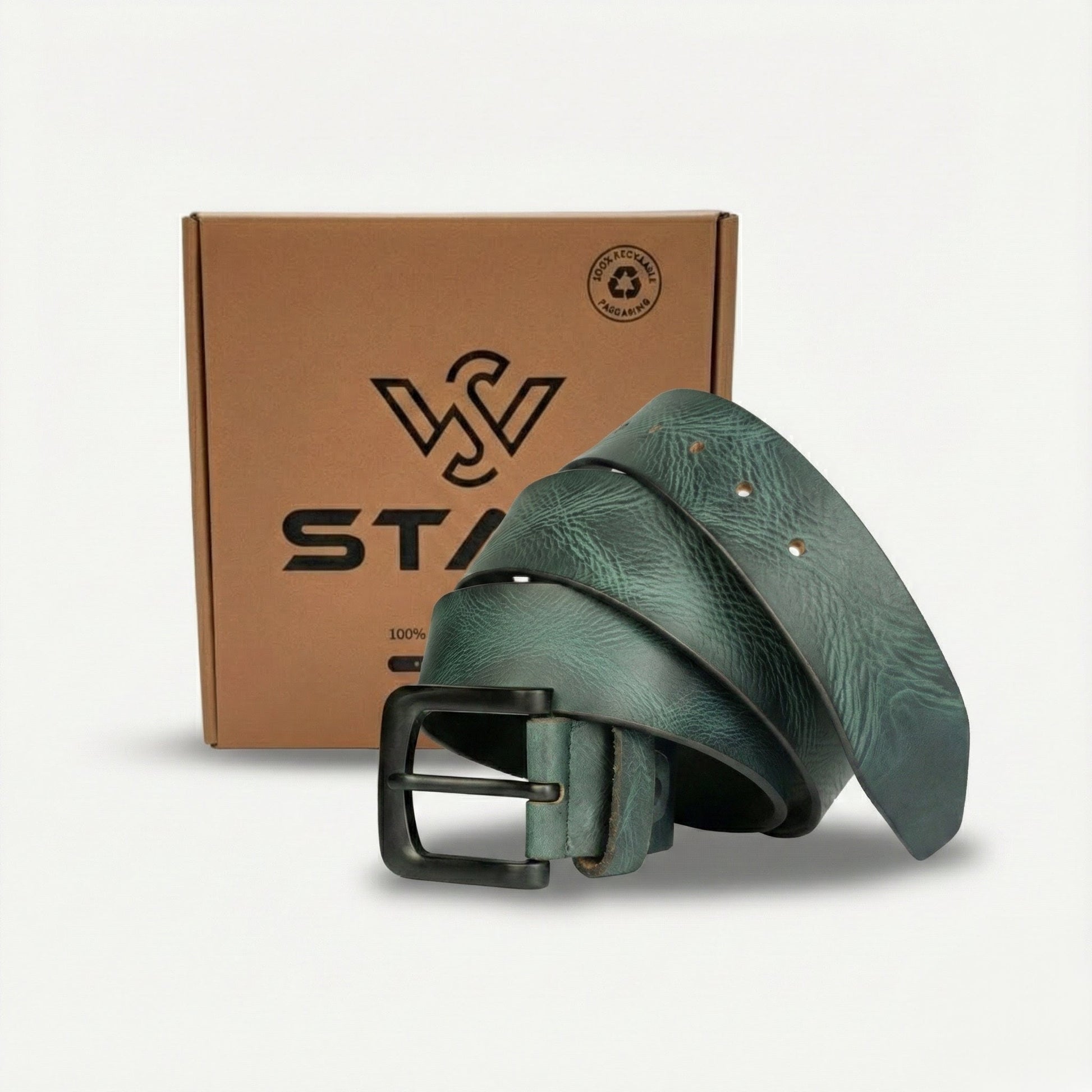 STAN Hammer Mens Full Grain Leather Belt With Box Forest Green