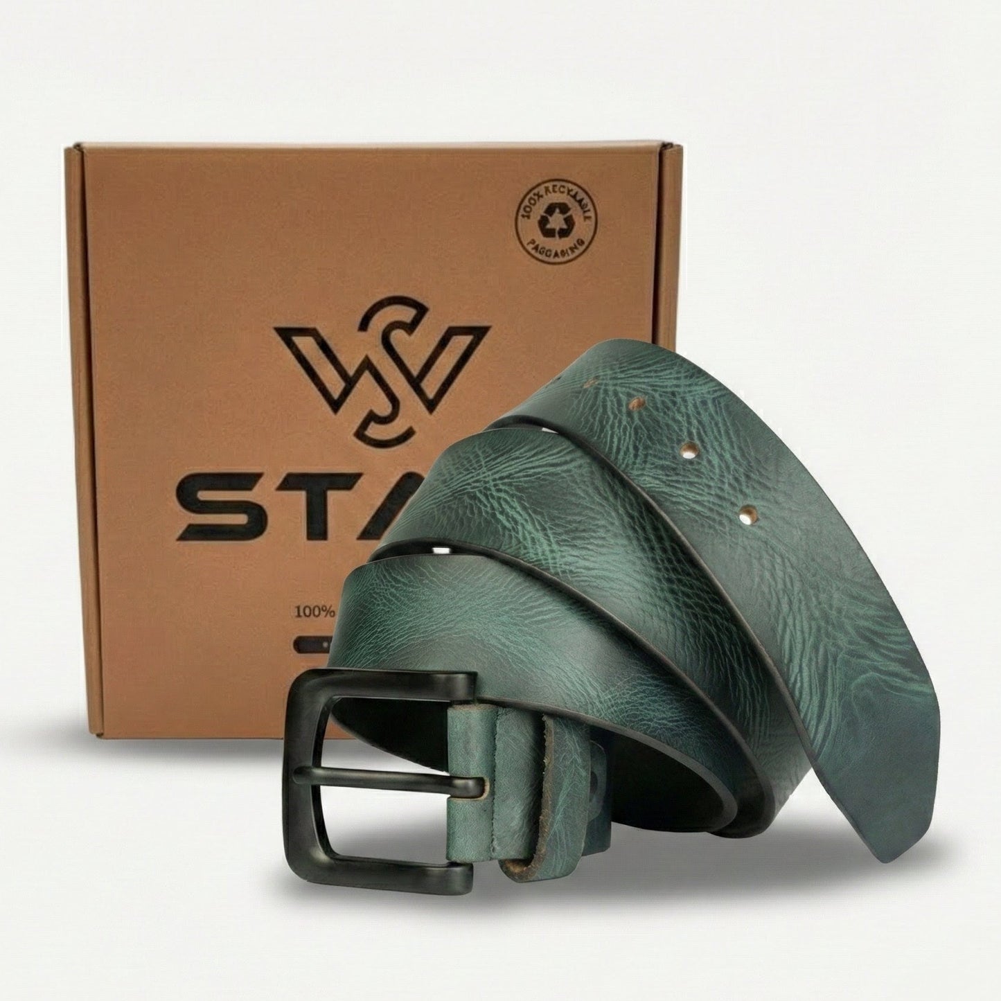 STAN Hammer Mens Full Grain Leather Belt With Box Teal Blue