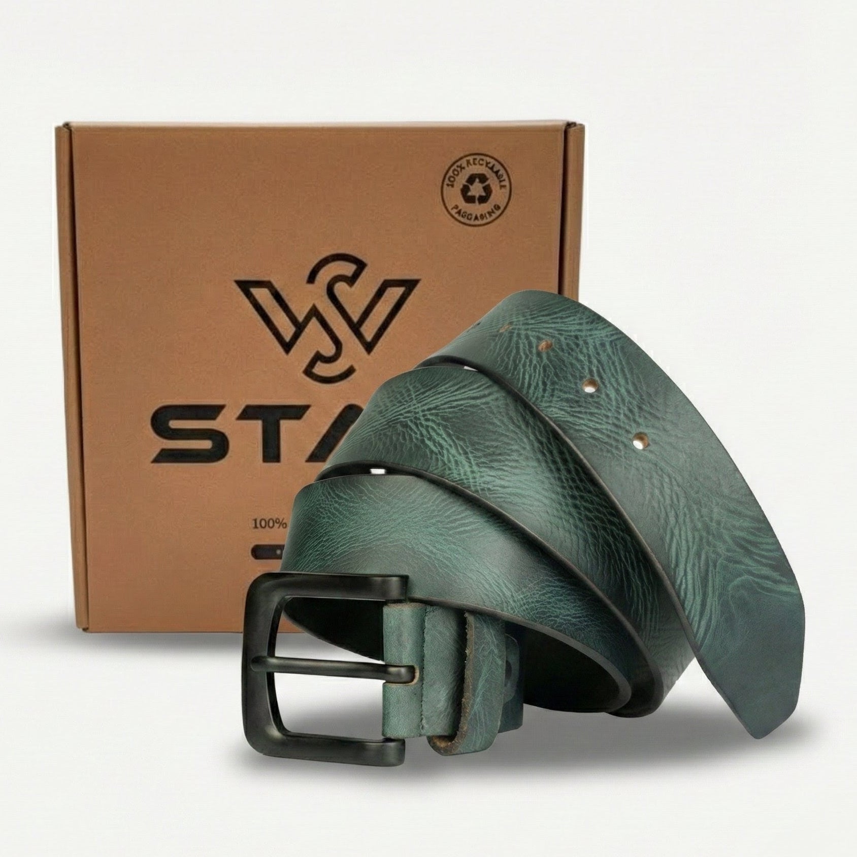 STAN Hammer Mens Full Grain Leather Belt With Box Teal Blue