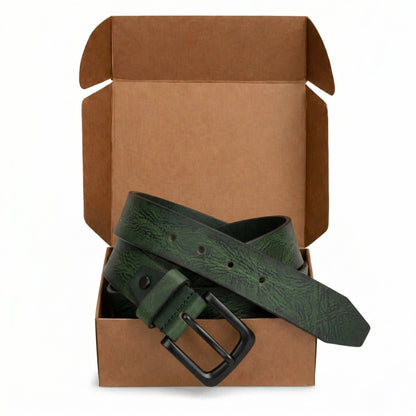 STAN Hammer Mens Full Grain Leather Belt in Box Closeup Antique Green