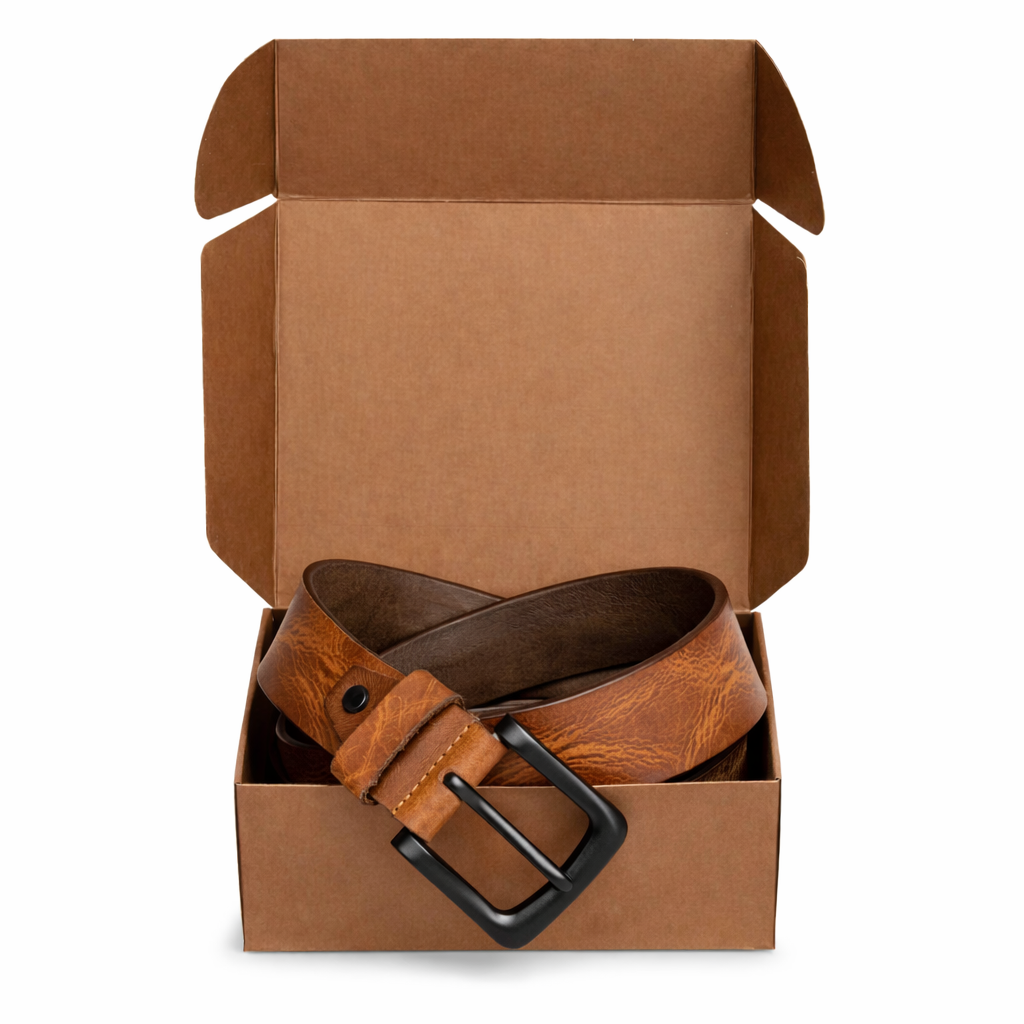STAN Hammer Mens Full Grain Leather Belt in Box Closeup Chestnut Brown