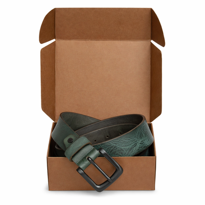 STAN Hammer Mens Full Grain Leather Belt in Box Closeup Forest Green