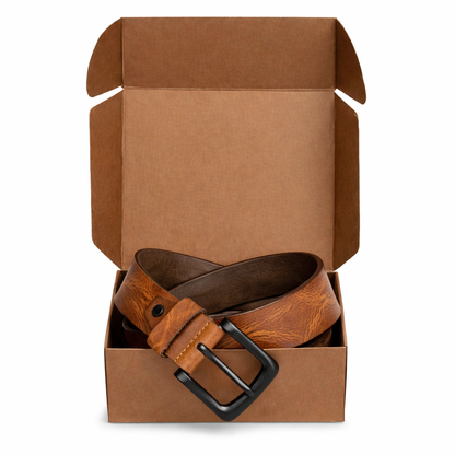 STAN Hammer Mens Full Grain Leather Belt in Box Closeup Saddle Tan
