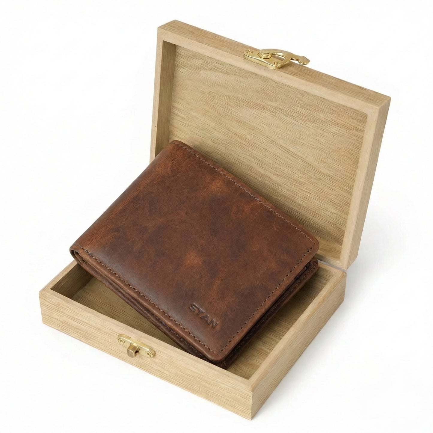 STAN Legacy Men RFID Wallet with Wooden Box Chestnut Brown