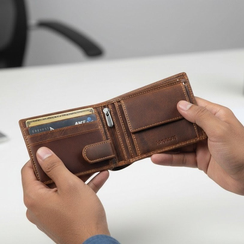 STAN Striker Mens RFID Leather Wallet Half Open Model Chestnut Brown