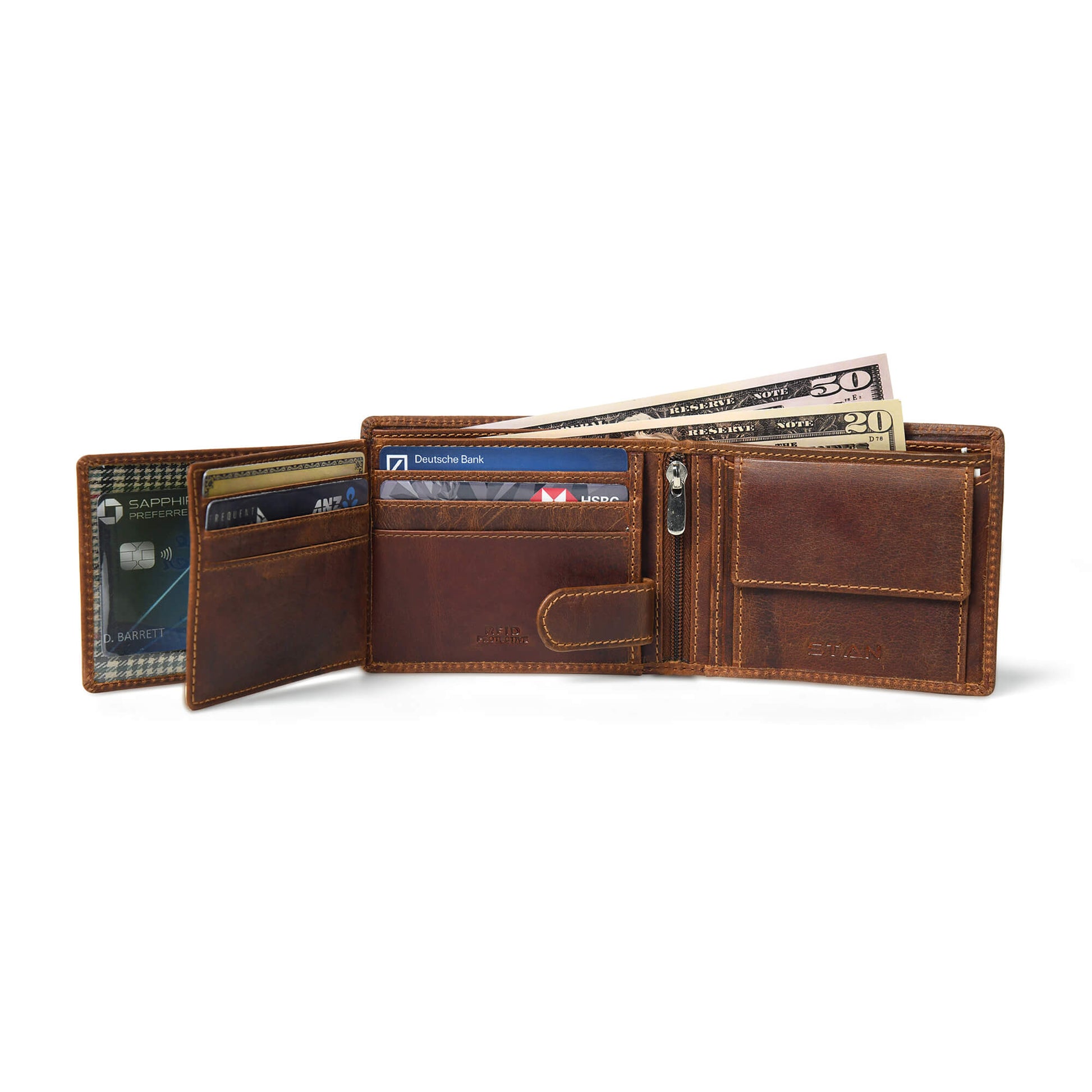 STAN Striker Mens RFID Leather Wallet Open Chestnut Brown