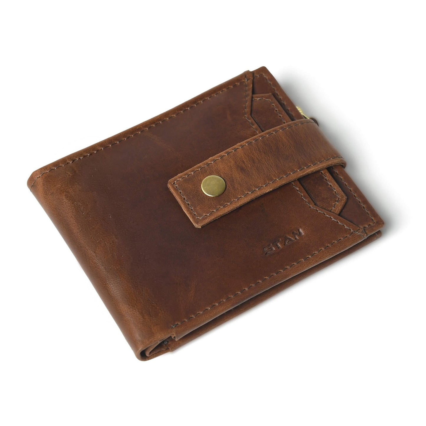 STAN Titan Mens RFID Leather Wallet Flatlay Chestnut Brown