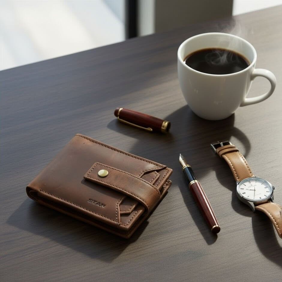 STAN Titan Mens RFID Leather Wallet Lifestyle Chestnut Brown