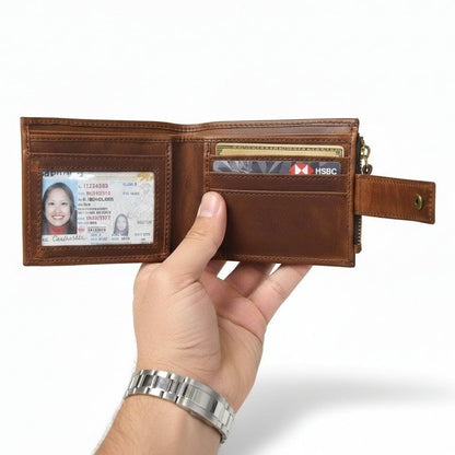 STAN Titan Mens RFID Leather Wallet Open in Hand Chestnut Brown