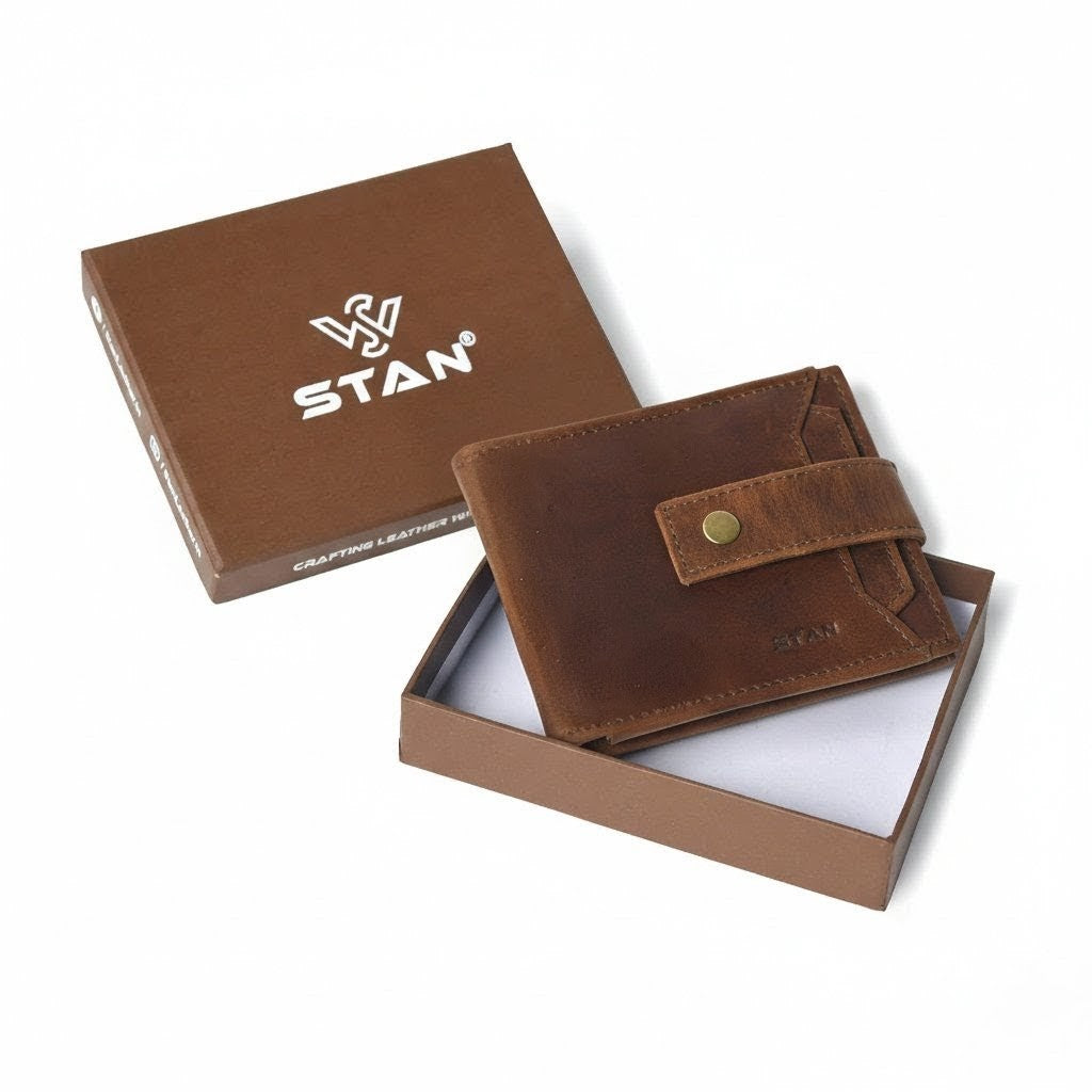 STAN Titan Mens RFID Leather Wallet in Box Chestnut Brown