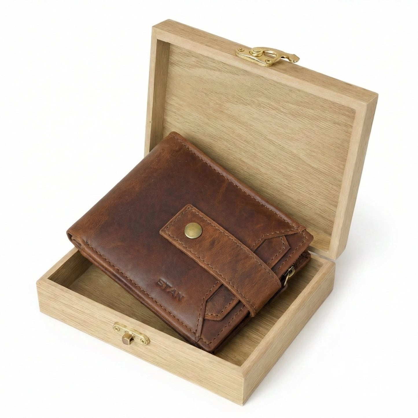 STAN Titan Mens RFID Leather Wallet in Wooden Box Chestnut Brown