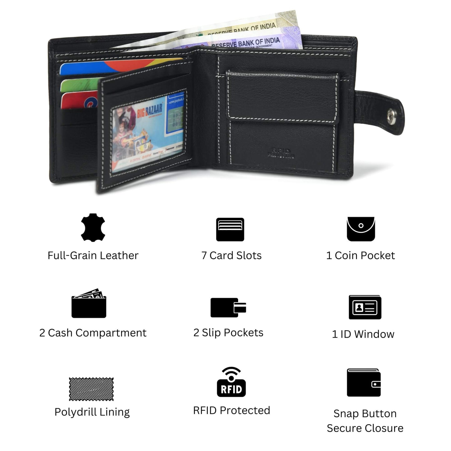 STAN Trovane Mens Leather Wallet Infographics Black