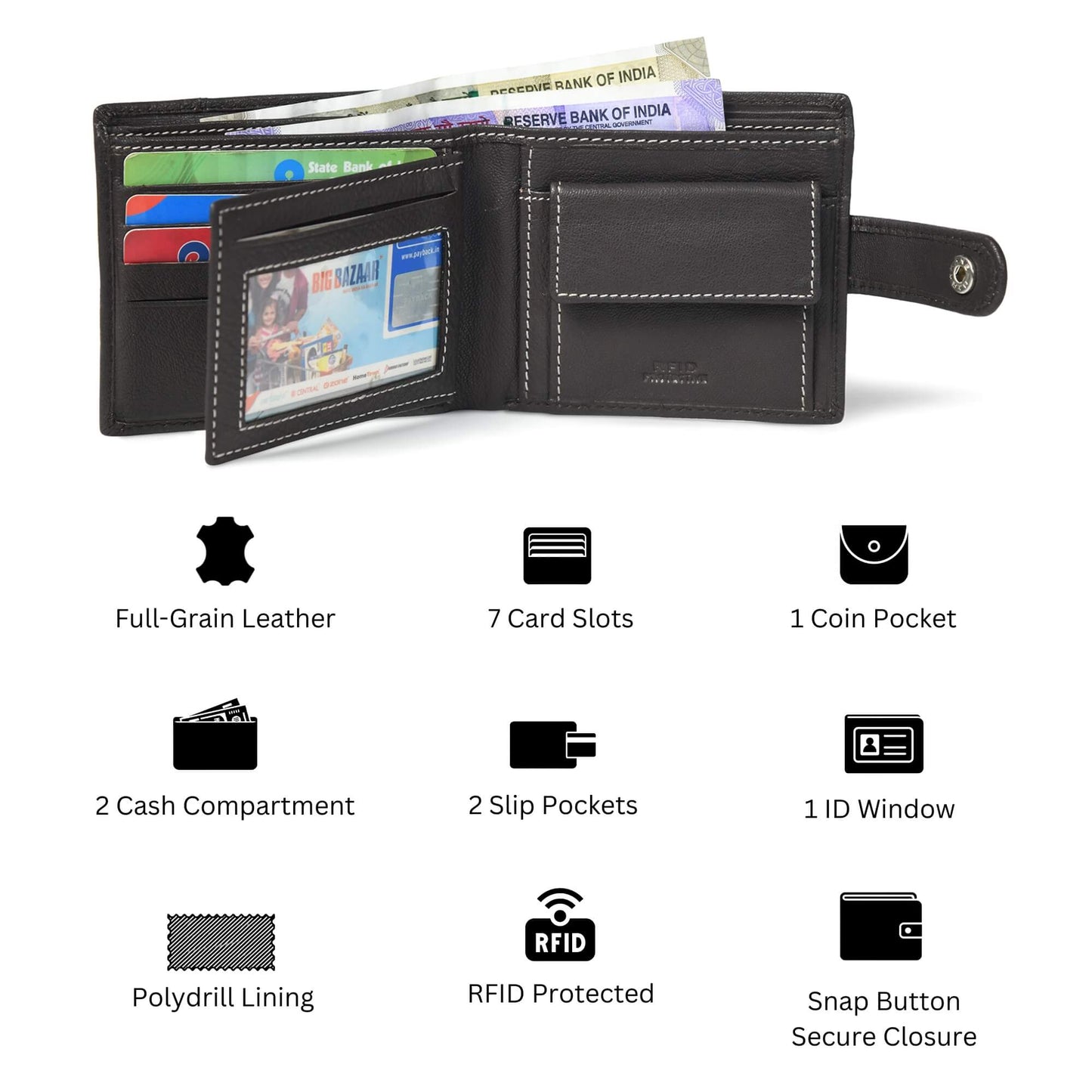 STAN Trovane Mens Leather Wallet Infographics Charcoal Brown