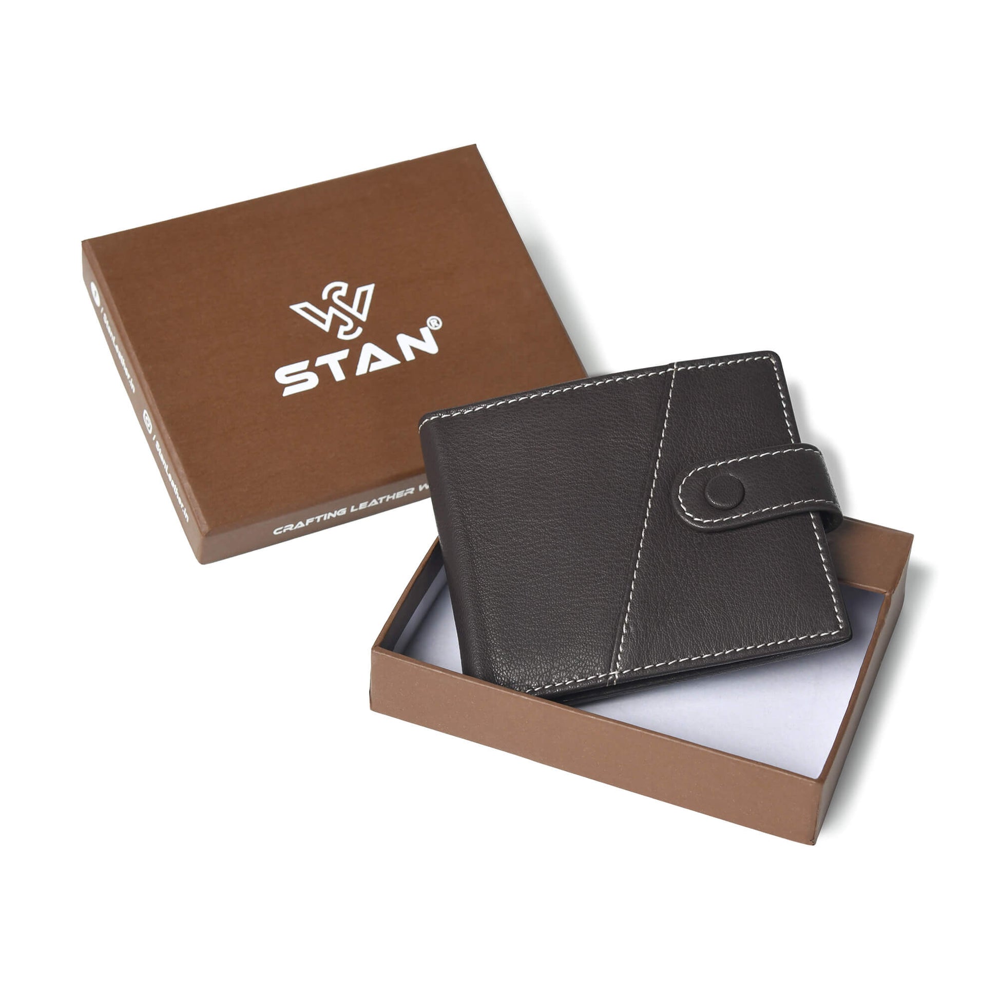 STAN Trovane Mens Leather Wallet with Box Charcoal Brown