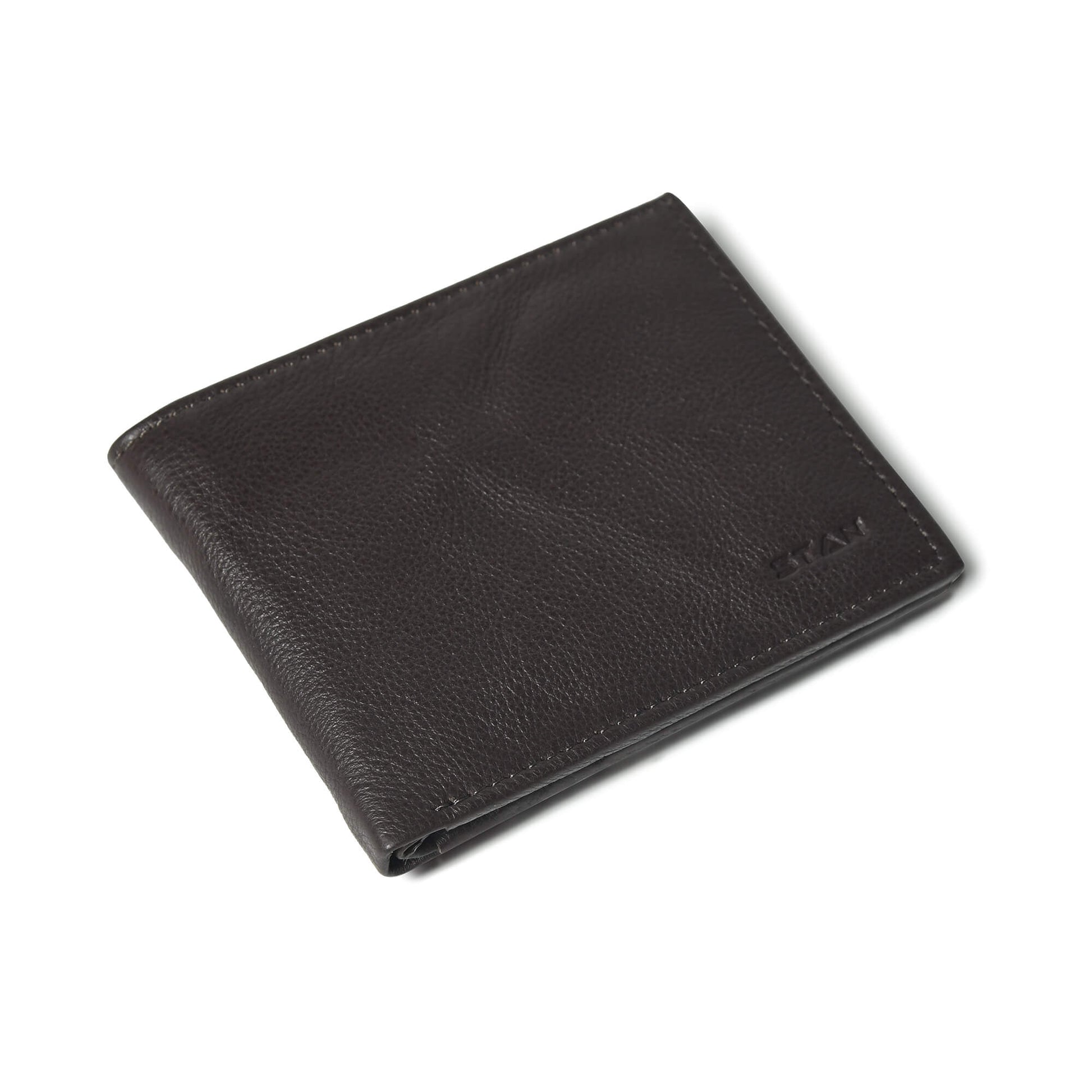 STAN Voltro Mens Slim Leather Wallet Flatlay Charcoal Brown