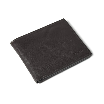 STAN Voltro Mens Slim Leather Wallet Flatlay Charcoal Brown