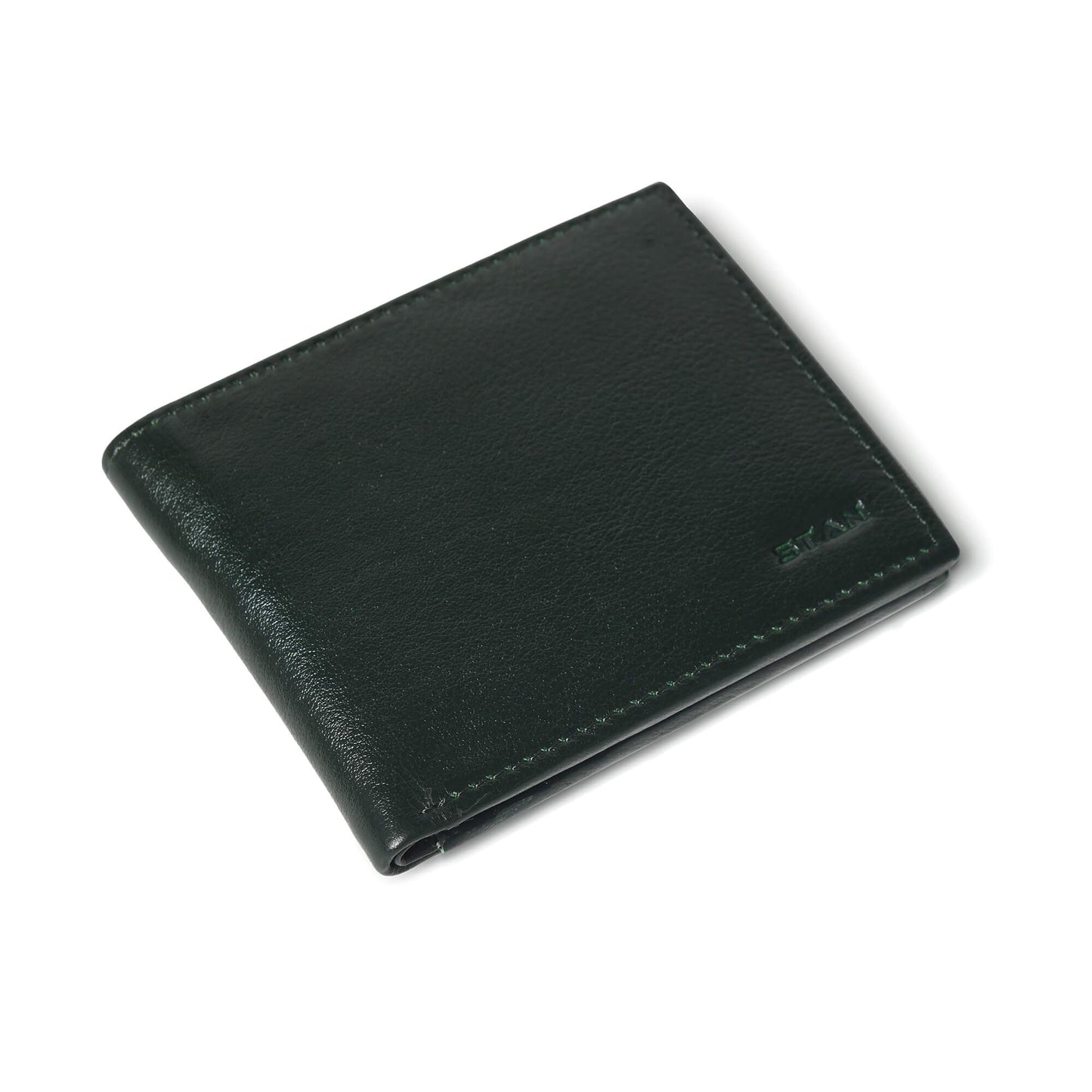 STAN Voltro Mens Slim Leather Wallet Flatlay Military Green