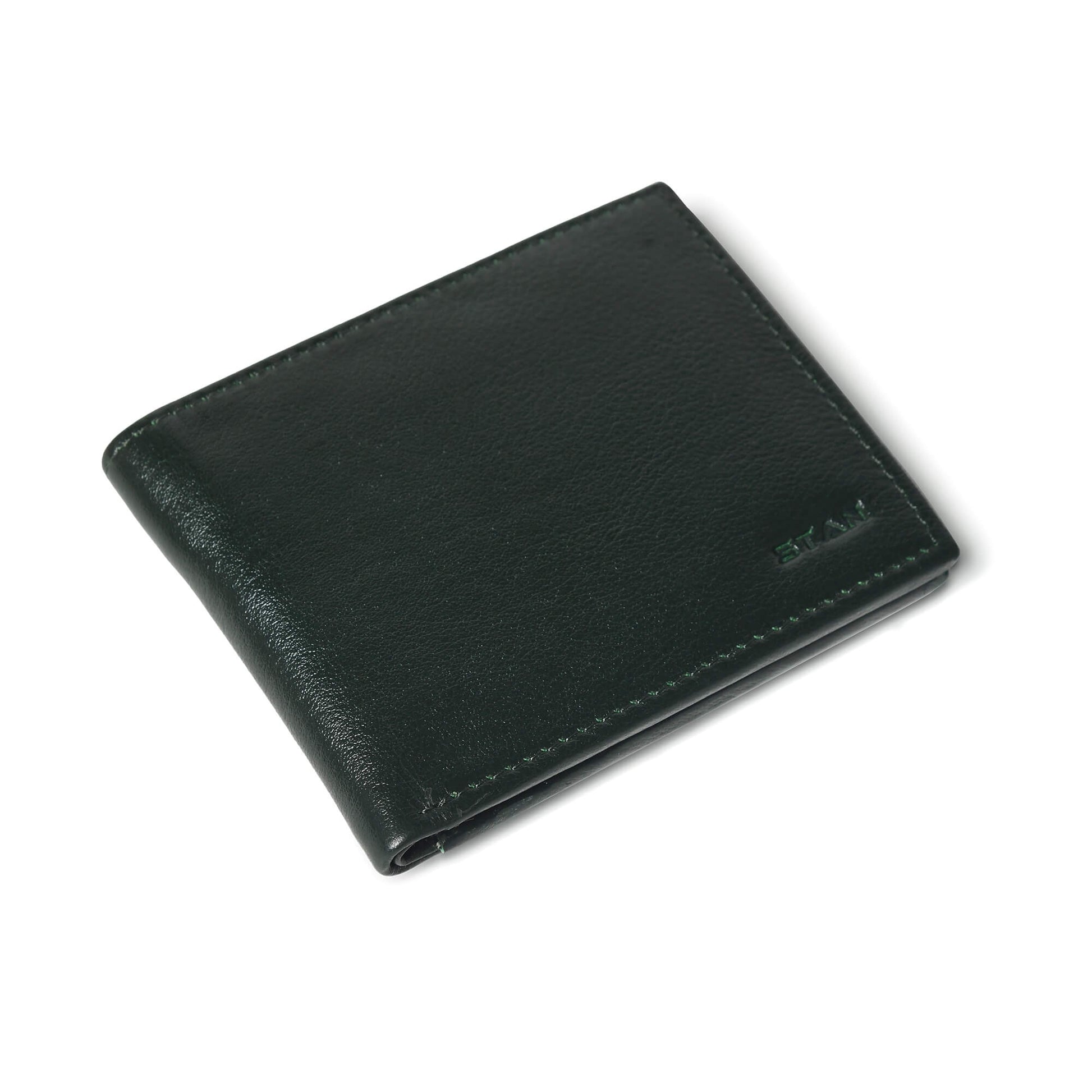 STAN Voltro Mens Slim Leather Wallet Flatlay Military Green