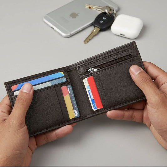 STAN Voltro Mens Slim Leather Wallet Hero Main Open Charcoal Brown