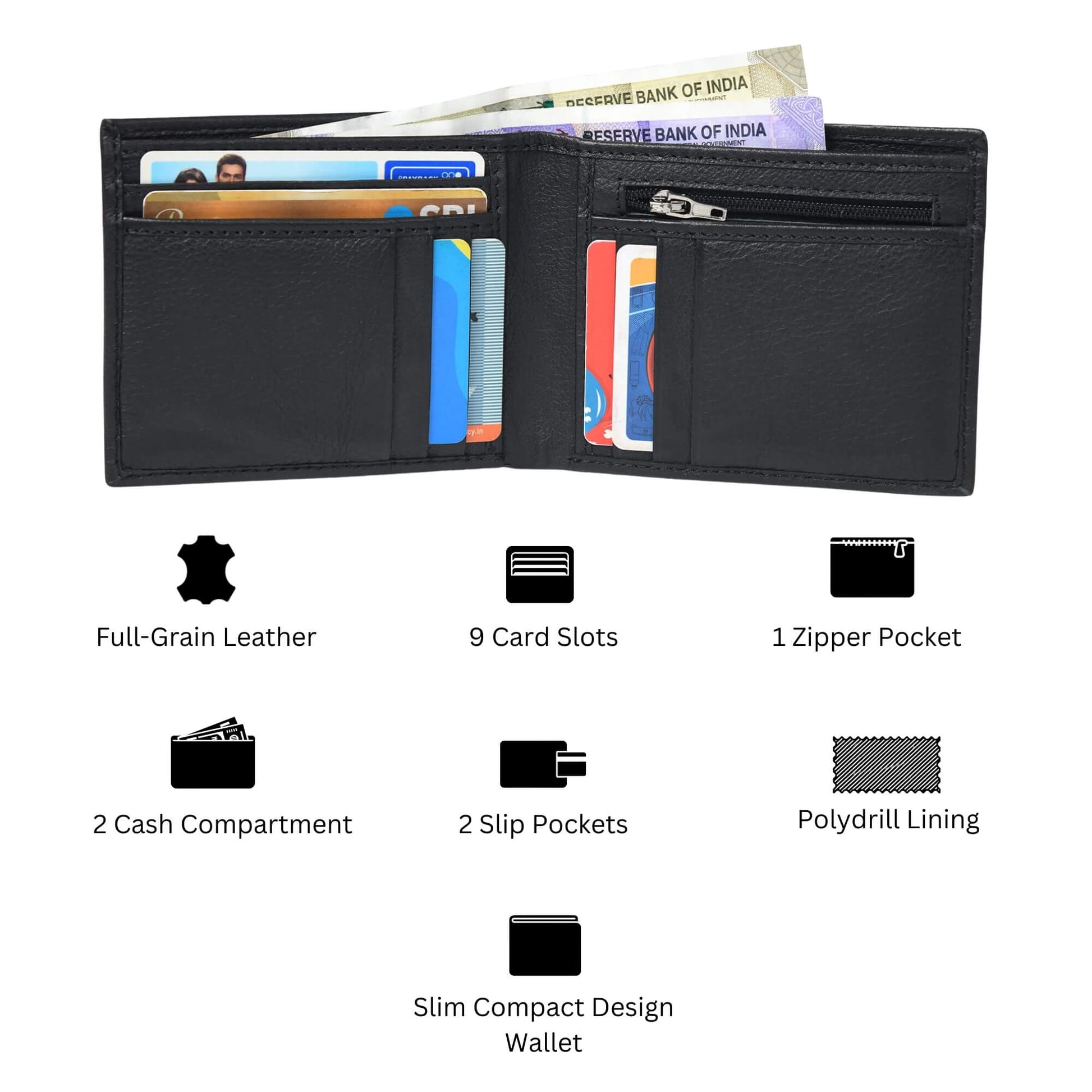 STAN Voltro Mens Slim Leather Wallet Infographics Black