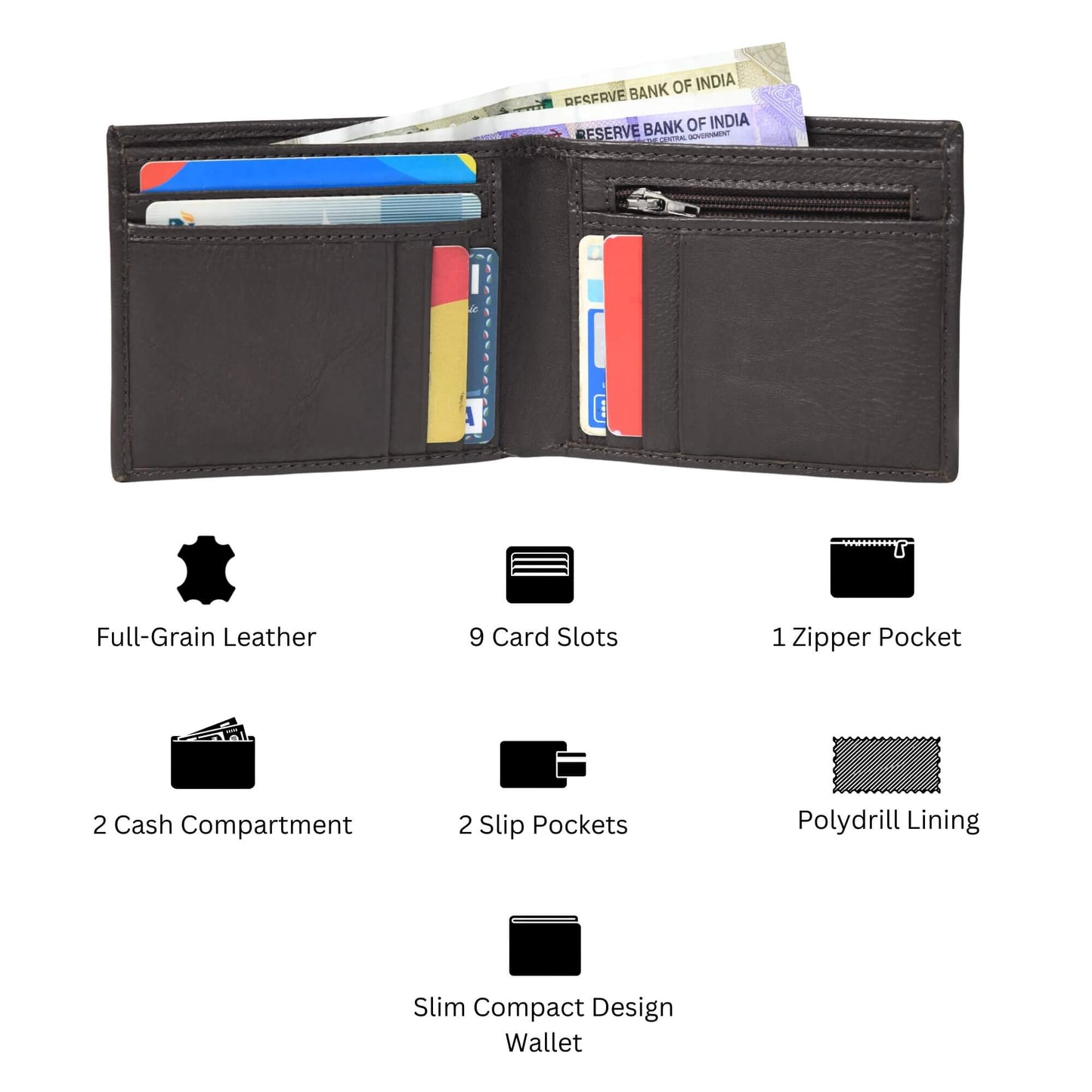 STAN Voltro Mens Slim Leather Wallet Infographics Charcoal Brown