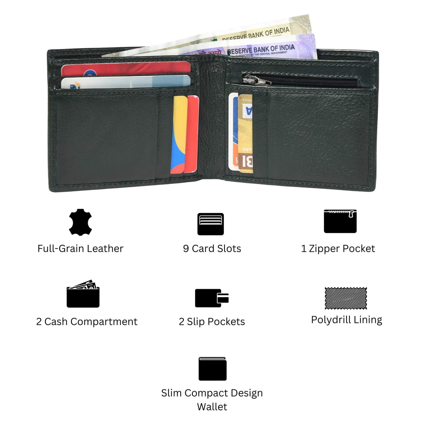 STAN Voltro Mens Slim Leather Wallet Infographics Military Green