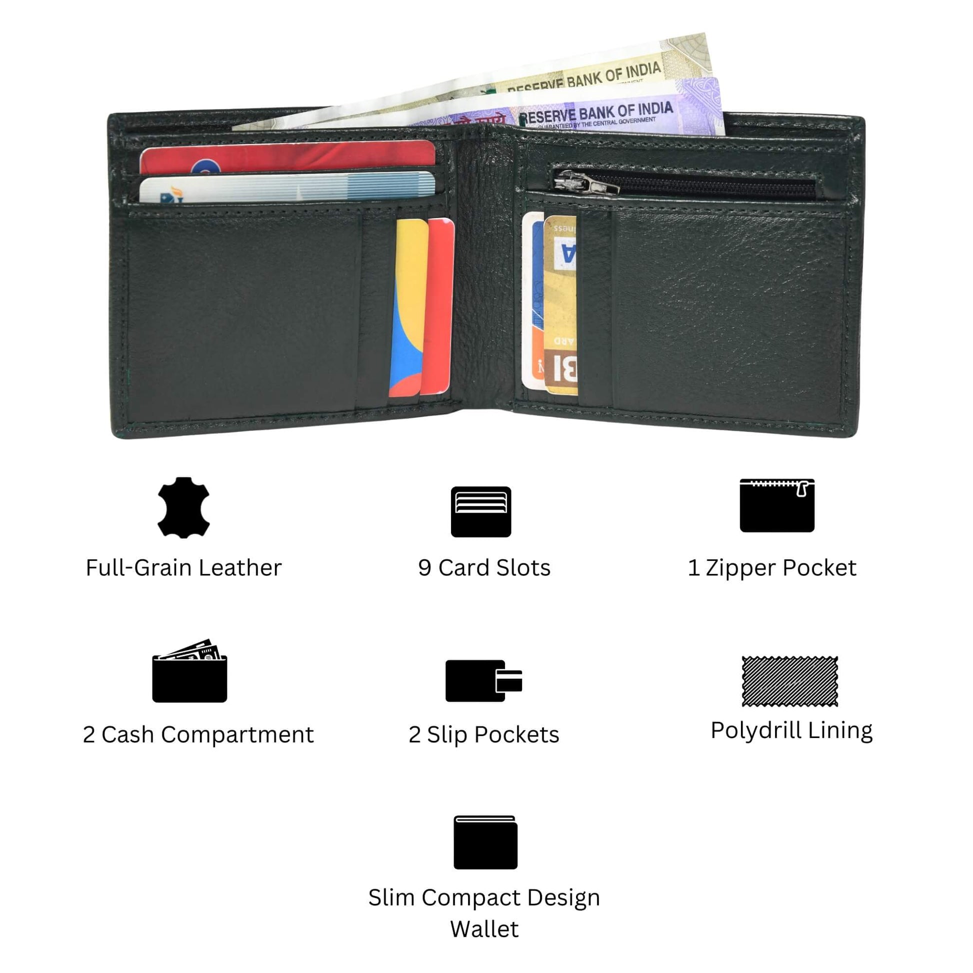 STAN Voltro Mens Slim Leather Wallet Infographics Military Green